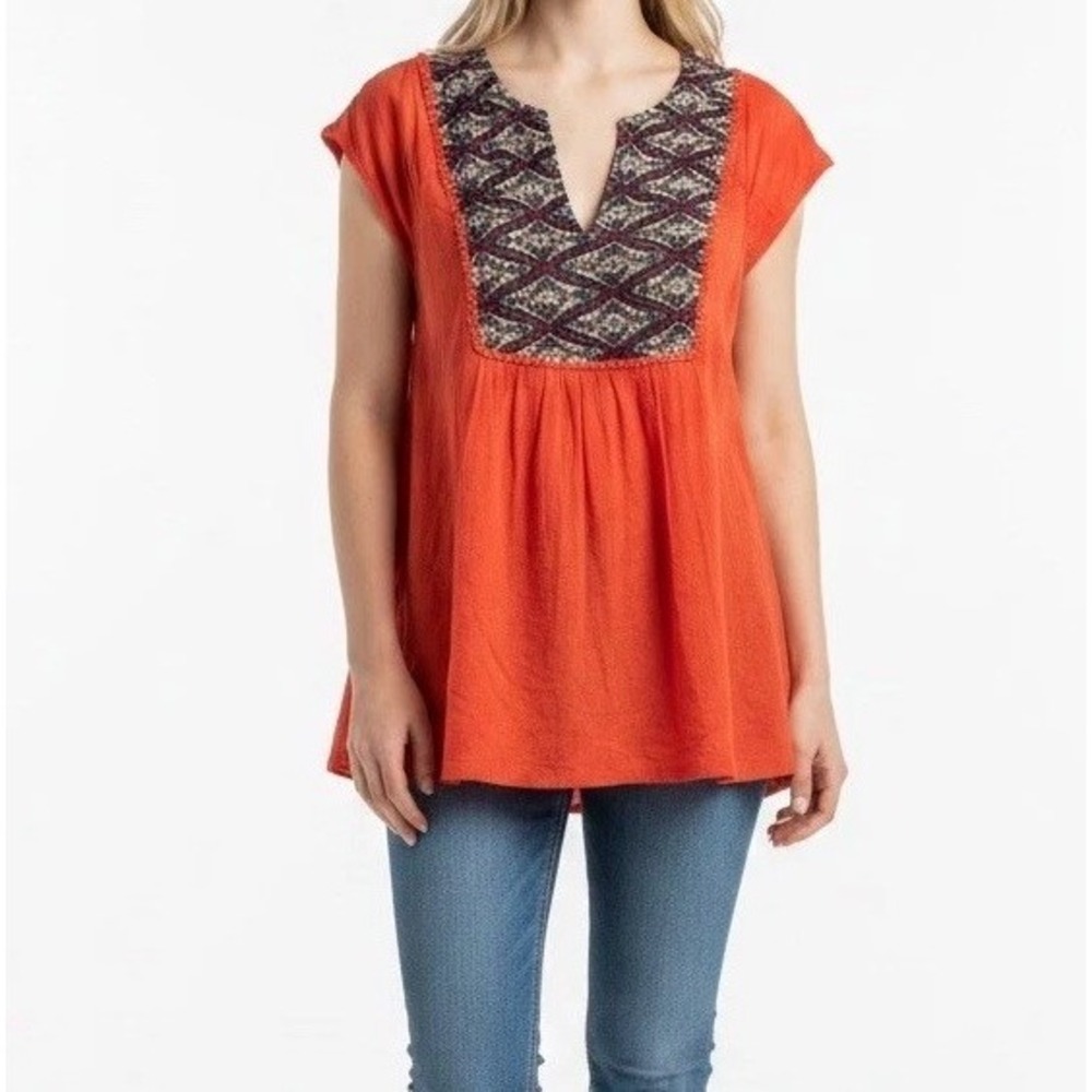Anthropologie Meadow Rue Top M Orange Embroidered Cotton Boho Peasant Blouse